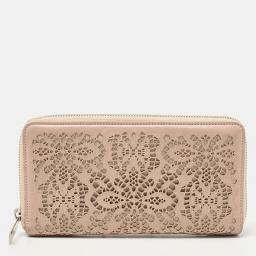 VALENTINO Pink Perforated Leather Zip Around Wallet