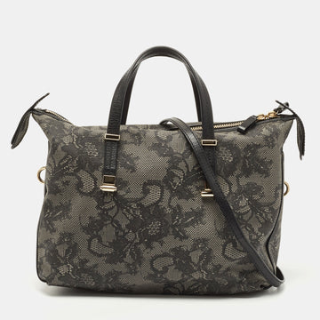 VALENTINO Black/Grey Lace Print Coated Canvas and Leather Logo Satchel