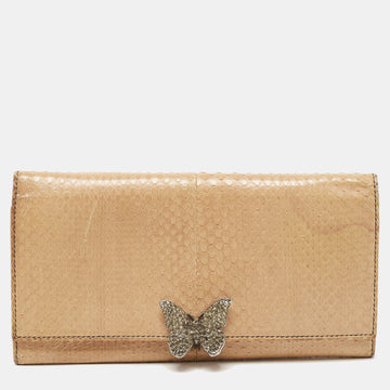 VALENTINO Beige Watersnake Leather Butterfly Embellished Continental Wallet