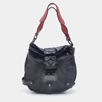 VALENTINO Black Patent Leather and Coated Canvas Catch Hobo