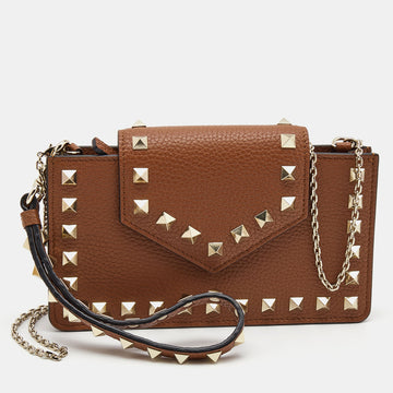 VALENTINO Brown Leather Rockstud Chain Phone Pouch