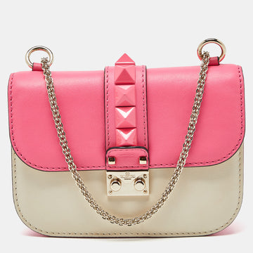 VALENTINO Pink/Cream Leather Small Rockstud Glam Lock Flap Bag