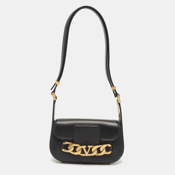 VALENTINO Black Leather Chain VLogo Shoulder Bag