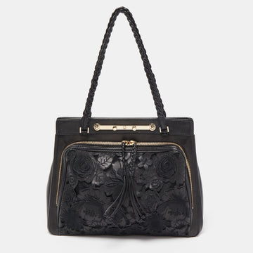 VALENTINO Black Leather and Lace Lace Demetra Tote