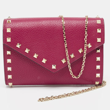 VALENTINO Pink Leather Rockstud Envelope Wallet on Chain