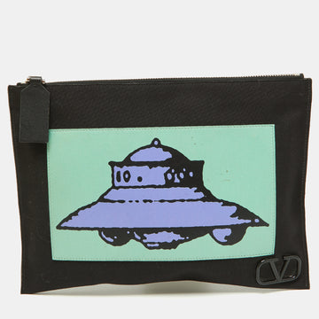 VALENTINO x Undercover Black Canvas and Leather UFO Slim Pouch