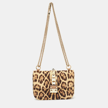 VALENTINO Beige Leopard Print Calf Hair and Leather Small Rockstud Glam Lock Flap Bag