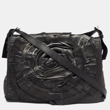 VALENTINO Black Leather Petale Rose Crossbody Bag