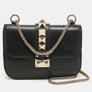 VALENTINO Black Leather Small Rockstud Glam Lock Flap Bag