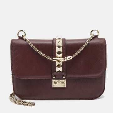 VALENTINO Burgundy Leather Medium Rockstud Glam Lock Flap Bag