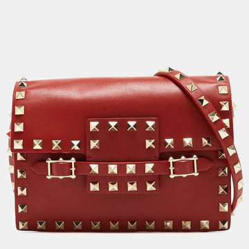 VALENTINO Red Leather Rockstud Buckled Crossbody Bag