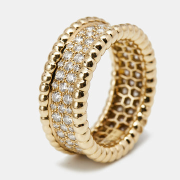 Van Cleef & Arpels Perlee Diamonds 3 Rows 18k Yellow Gold Ring Size 50