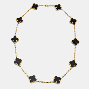 Van Cleef & Arpels Vintage Alhambra Onyx 10 Motif 18k Yellow Gold Necklace