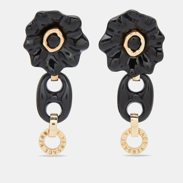 VERSACE Black Floral Resin Gold Tone Dangle Clip On Earrings