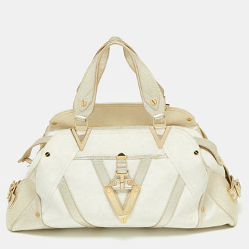 Versace Gold/White Monogram Fabric and Leather V Satchel