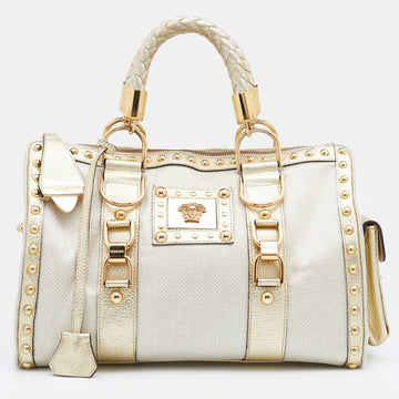 Versace Metallic Gold Leather And Fabric Studded Madonna Satchel