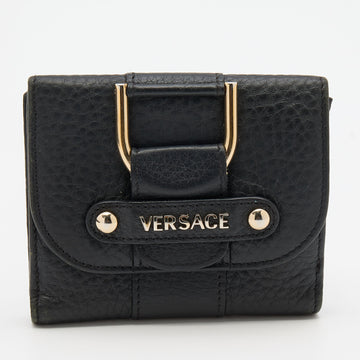 Versace Black Leather French Compact Wallet
