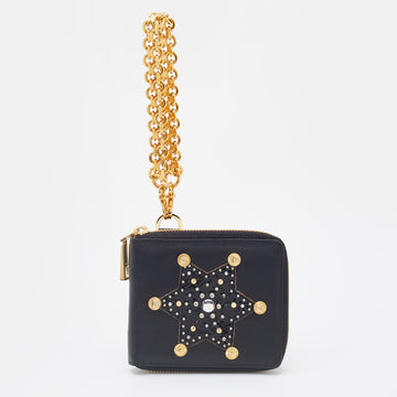 Versace Black Leather Embellished Zip Around Bifold Wallet