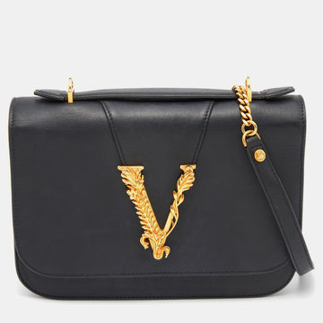 Versace Black Leather Small Virtus Flap Top Handle Bag