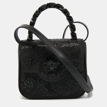 Versace Black Satin Mini Crystal Studded La Medusa Top Handle Bag