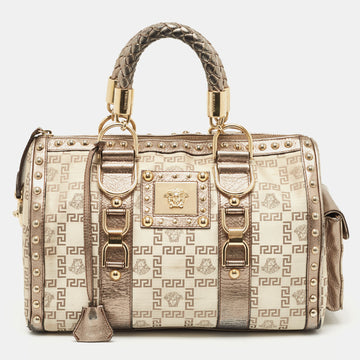 VERSACE Pale Gold/Beige Signature Fabric and Leather Snap Out Of It Satchel