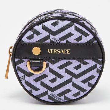 VERSACE Purple/Black La Greca Coated Canvas and Leather Round Zip Pouch