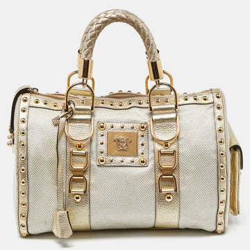 VERSACE Beige/Gold Nylon and Leather Studded Madonna Satchel