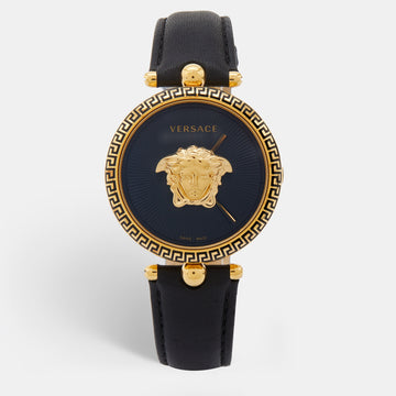 VERSACE Black Gold Plated Stainless Steel Leather Palazzo VCO Women's Wristwatch 39 mm