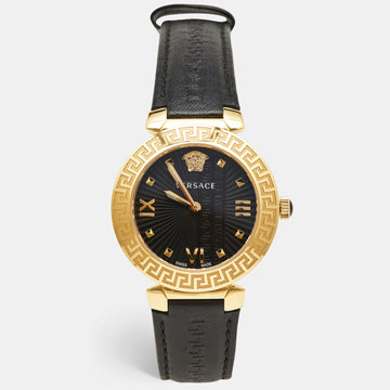 VERSACE Black Gold Plated Stainless Steel Leather Greca Icon VEZ600221 Women's Wristwatch 36 mm
