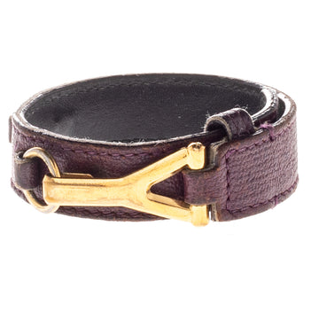 YVES SAINT LAURENT Purple Leather Gold Tone Y Hook Bracelet