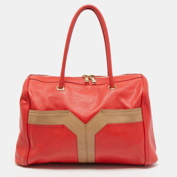 YVES SAINT LAURENT Red/Beige Leather Lucky Chyc Bowler Bag