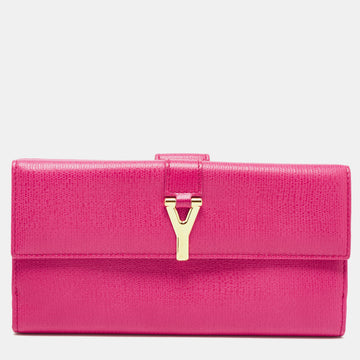 YVES SAINT LAURENT Pink Leather Ligne Y Charm Flap Wallet