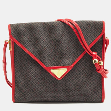 YVES SAINT LAURENT Red/Grey Woven Coated Canvas and Leather Double Flap Crossbody Bag