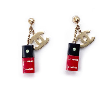 CHANEL Vintage Rare Gold CC Red Nail Polish Piercing Earrings
