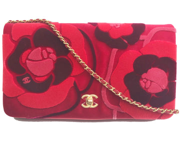 CHANEL Brand New Red Camellia Velvet Clutch Crossbody Bag