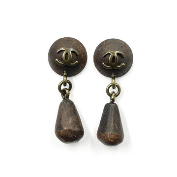 CHANEL Vintage Rustic CC Wood Round Drop Dangle Piercing Earrings