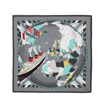CARTIER Grey and Blue Globe and Ship Silk Scarf