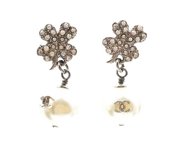CHANEL Silver Camellia Crystal CC Pearl Dangle Piercing Earrings