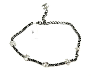 CHANEL Brand New Silver 5 Crystal Charms Gunmetal Chain Choker Necklace