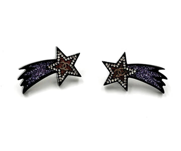 CHANEL Silver CC Black Purple Glitter Shooting Star Piercing Earrings