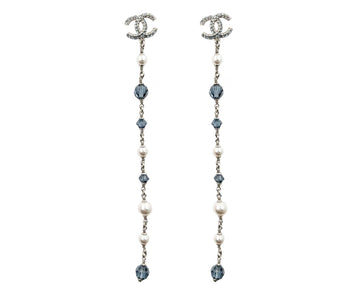 CHANEL Brand New Silver CC Blue Princess Crystal Pearl Super Long Earrings