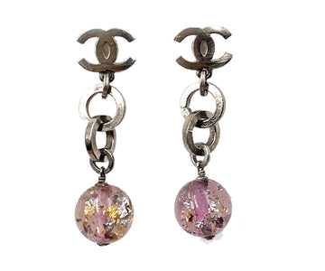 CHANEL Silver CC Chain Purple Bead Long Piercing Earrings