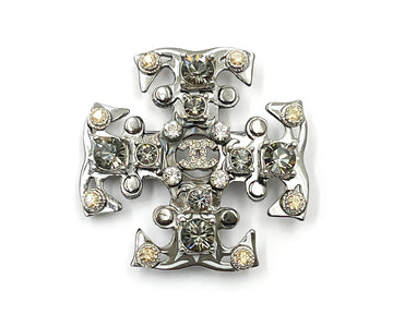 CHANEL Silver CC Peach Grey Crystal Cross Brooch