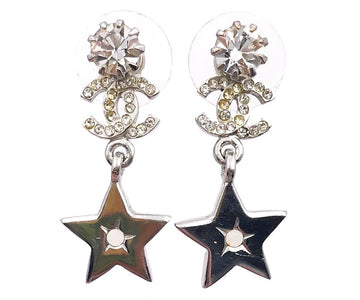 CHANEL Silver CC Crystal Star Dangle Piercing Earrings