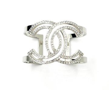 CHANEL Classic Silver CC Square Round Crystal Cutout Double Cuff Bracelet