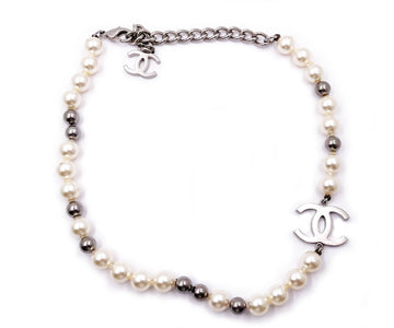 CHANEL Silver CC Grey Bead Pearl Short Necklace