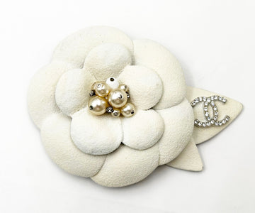 CHANEL Silver CC Ivory Camellia Flower Large Brooch
