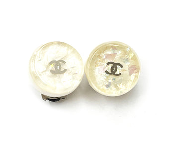 CHANEL Vintage Silver CC Ivory Resin Glitter Clip on Earrings