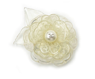 CHANEL Ivory Resin Engraving Etching Camellia Flower Brooch