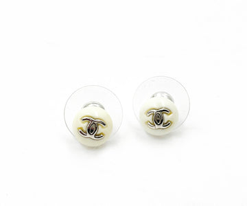 CHANEL Silver CC White Bead Mini Piercing Earrings